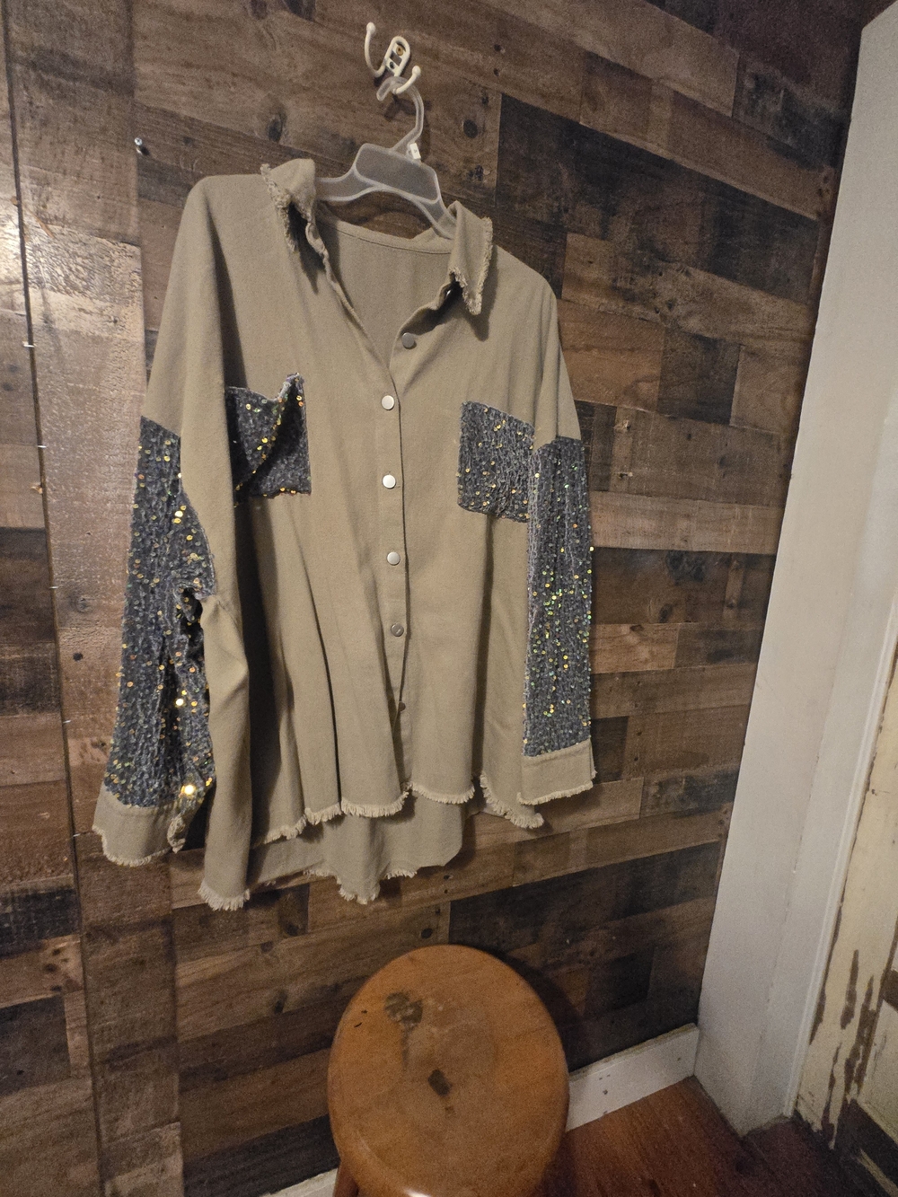 Relaxed Taupe Button-Up Top with Sequined Accent